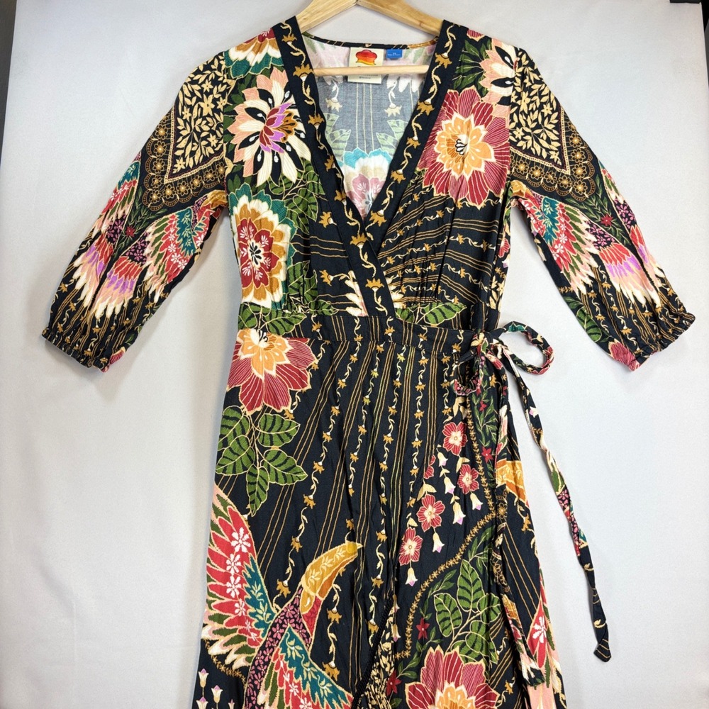 Farm Rio Camila Wrap Dress Womens XS Black Floral Ruffle Maxi Anthropologie Boho